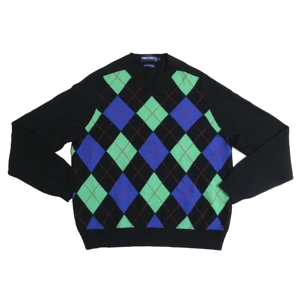 Polo Golf Mens Large Ralph Lauren Argyle Merino Wool Sweater Pullover Blue Green